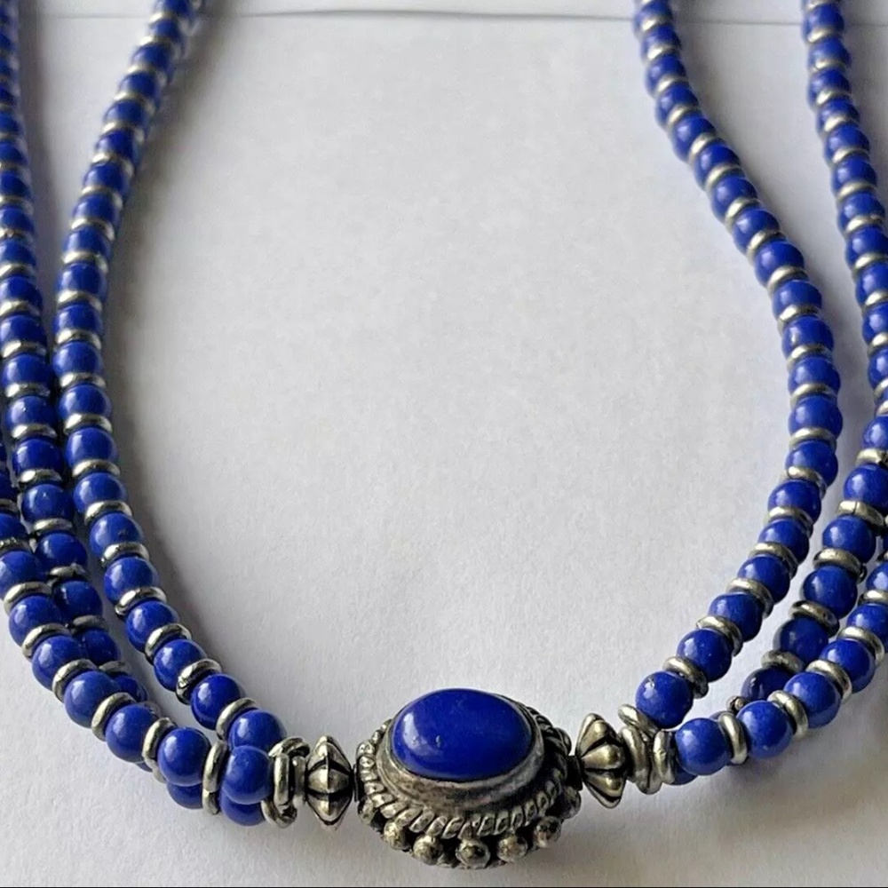 Large Vintage Lapiz lazuli Rondelle station  Silver Blue Necklace